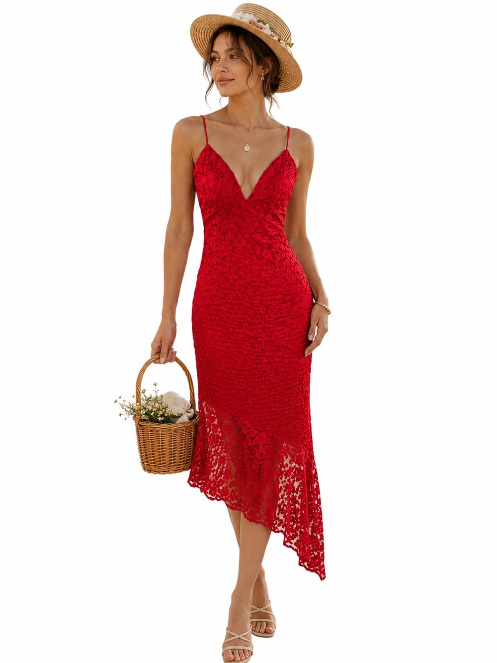 Topshop Red Lace Midi Dress Date Night Asymmetrical Romantic Cocktail Party‎ 6